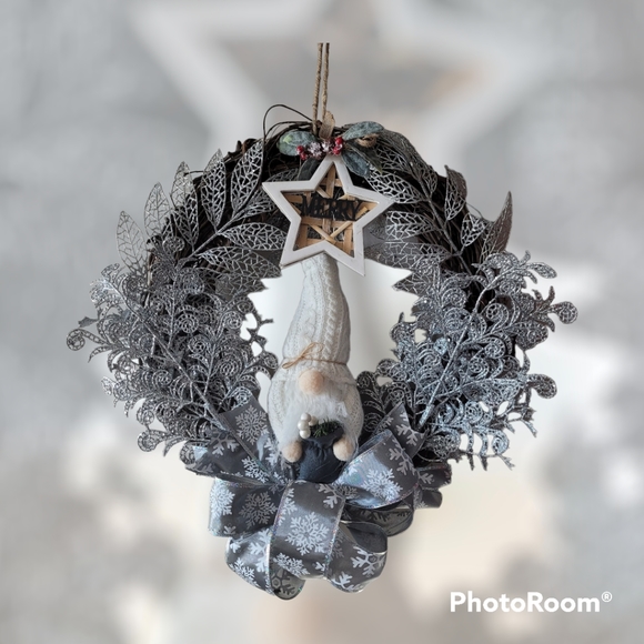 Silvery Holiday Christmas Wreath Door Hanger with Cute Gnome and Ribbon - Picture 4 of 4